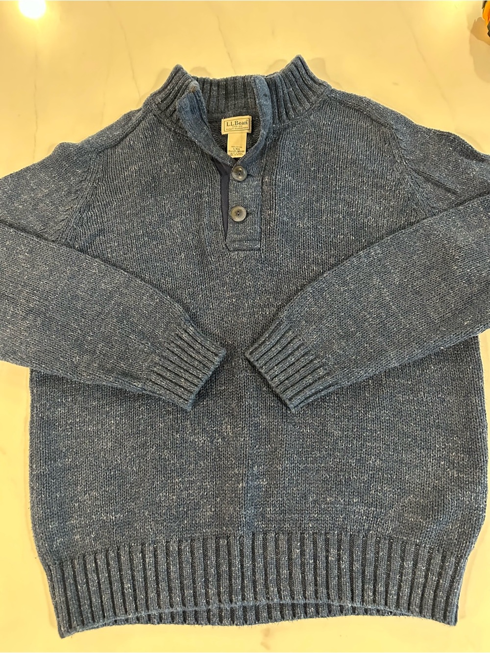 L.L. Bean Men’s Heathered Navy Blue Button Mock Neck Sweater